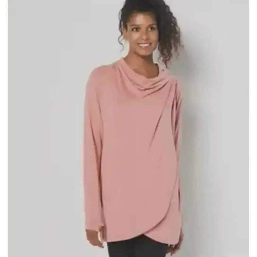 Zuda Z-Knit Drape Shoulder Wrap with Snaps Top Peach Size L